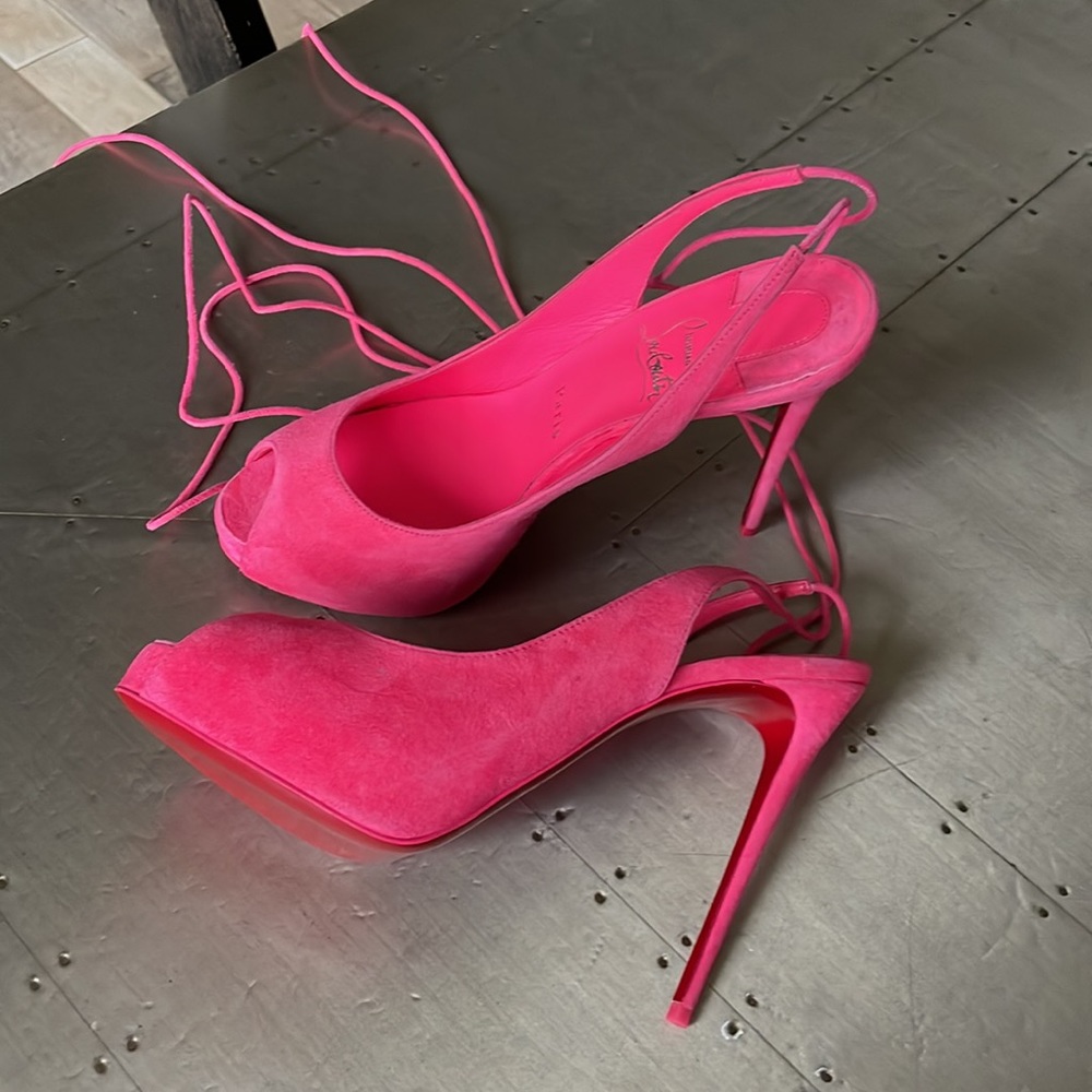 Christian Louboutin lace nvp pink suede platform stiletto sz 38.5 120mm poupidou - Picture 5 of 10
